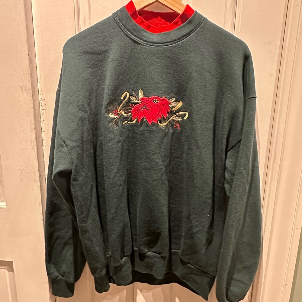 Vintage Top Stitch Christmas Poinsettia Crewneck Sweater XL
